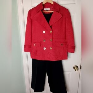 Tahari Pant Suit Red Black 3/4 Sleeve Wide Leg Size 14